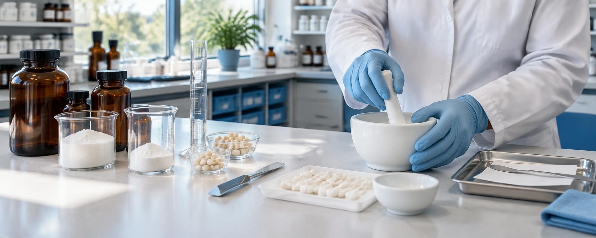 Illustrative compounding scene with gloved hands preparing medication using a mortar and pestle